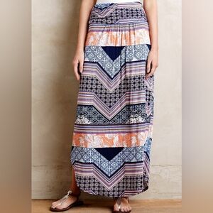 Anthropologie Maeve Couloir Maxi knit skirt boho Geometric Floral Blue Orange M